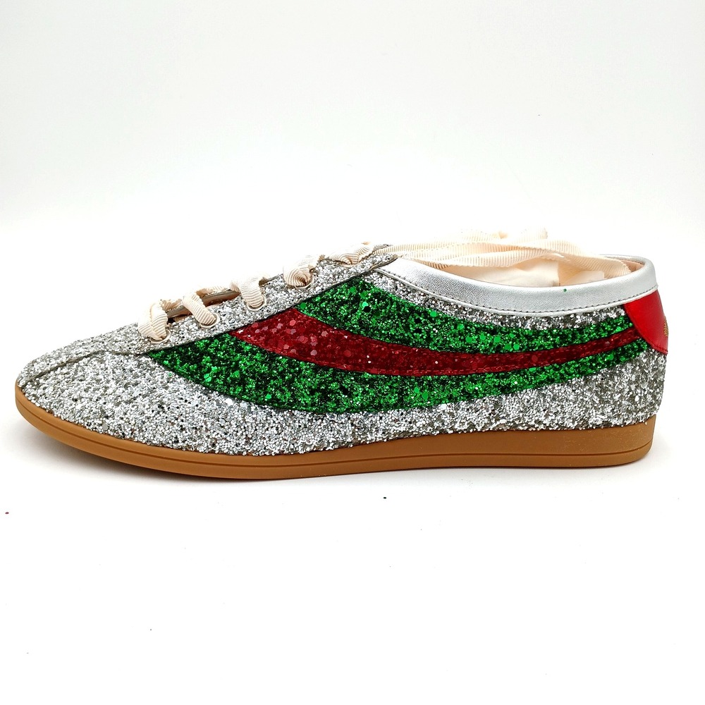 Gucci Silver Glitter Falacer Bee Low Top Sneakers Womens Size 7